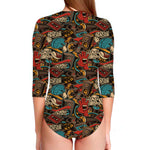 Retro Graffiti Pattern Print Long Sleeve Swimsuit