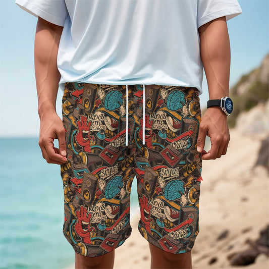 Retro Graffiti Pattern Print Men's Cargo Shorts