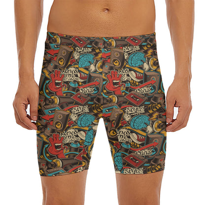 Retro Graffiti Pattern Print Men's Long Boxer Briefs