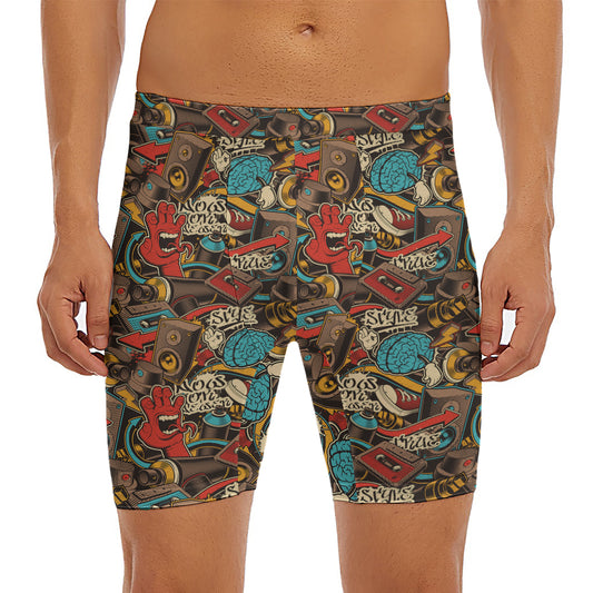 Retro Graffiti Pattern Print Men's Long Boxer Briefs