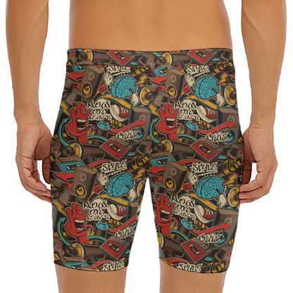Retro Graffiti Pattern Print Men's Long Boxer Briefs
