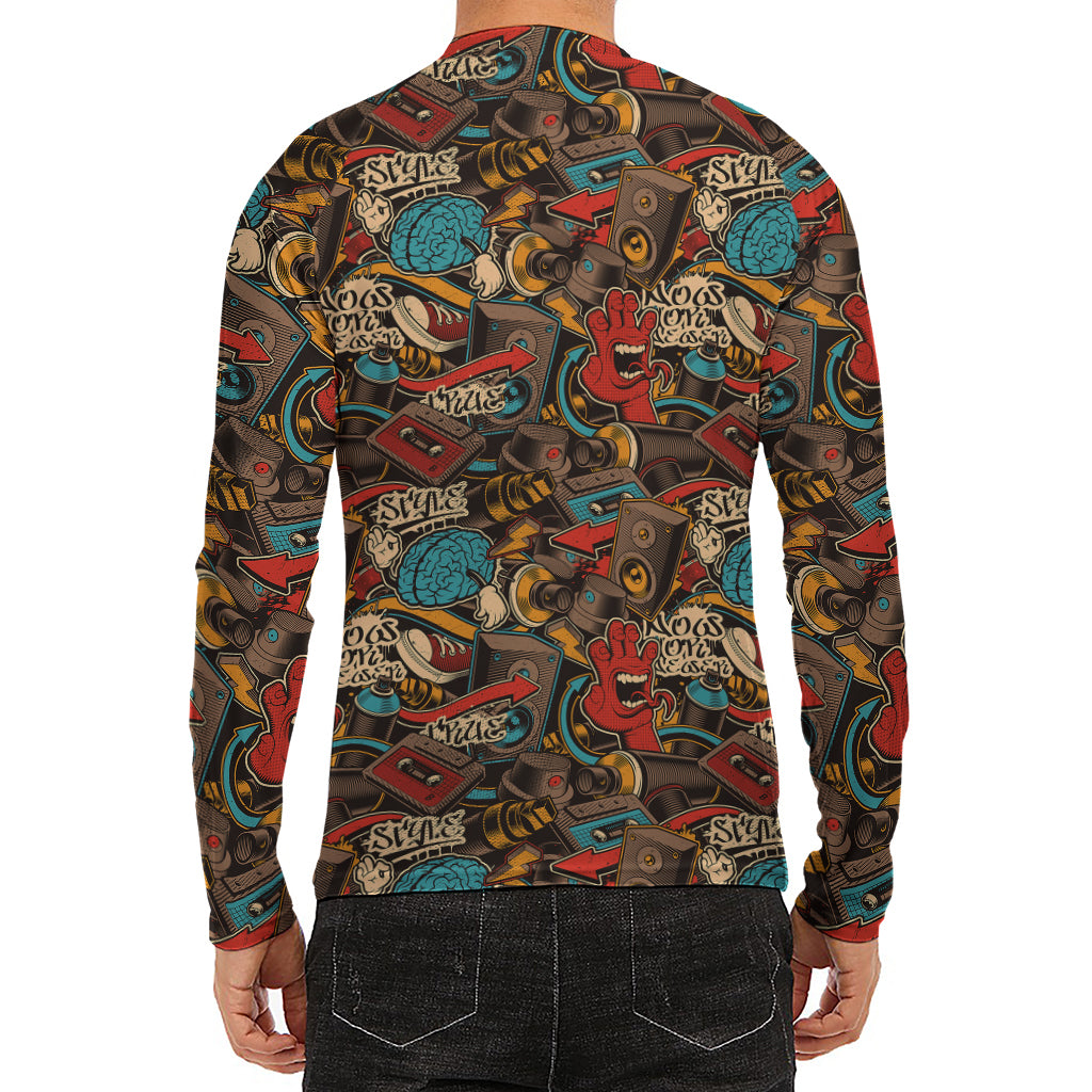 Retro Graffiti Pattern Print Men's Long Sleeve Rash Guard