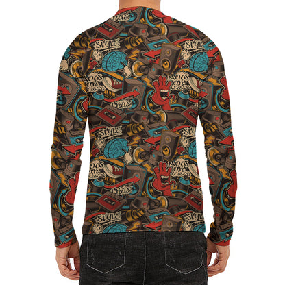 Retro Graffiti Pattern Print Men's Long Sleeve Rash Guard