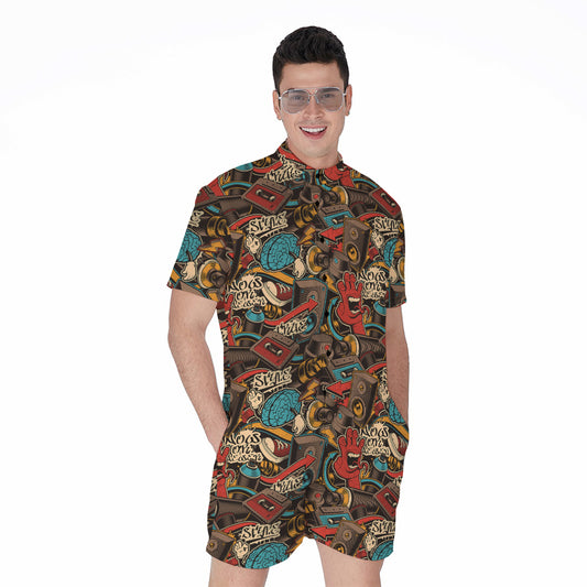 Retro Graffiti Pattern Print Men's Rompers