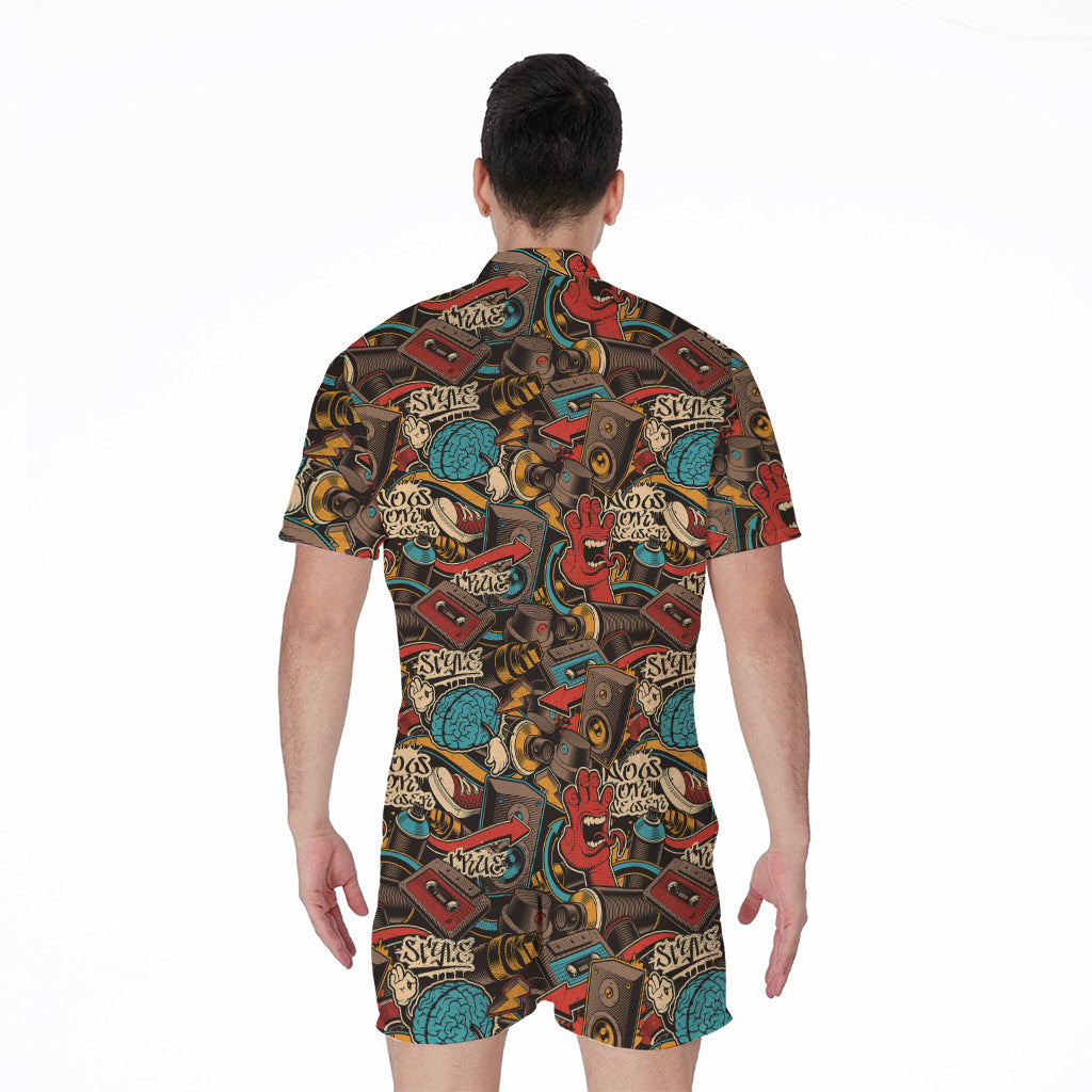 Retro Graffiti Pattern Print Men's Rompers