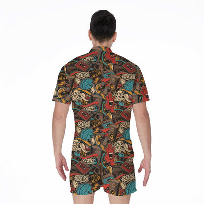 Retro Graffiti Pattern Print Men's Rompers