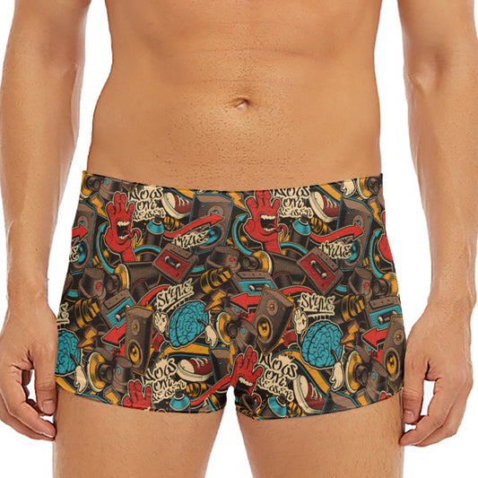 Retro Graffiti Pattern Print Men's Short Boxer Briefs