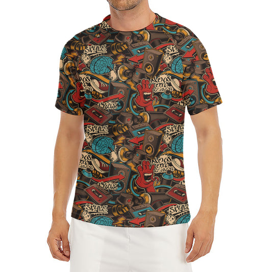 Retro Graffiti Pattern Print Men's Short Sleeve Rash Guard