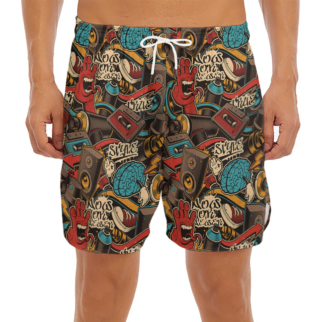 Retro Graffiti Pattern Print Men's Split Running Shorts