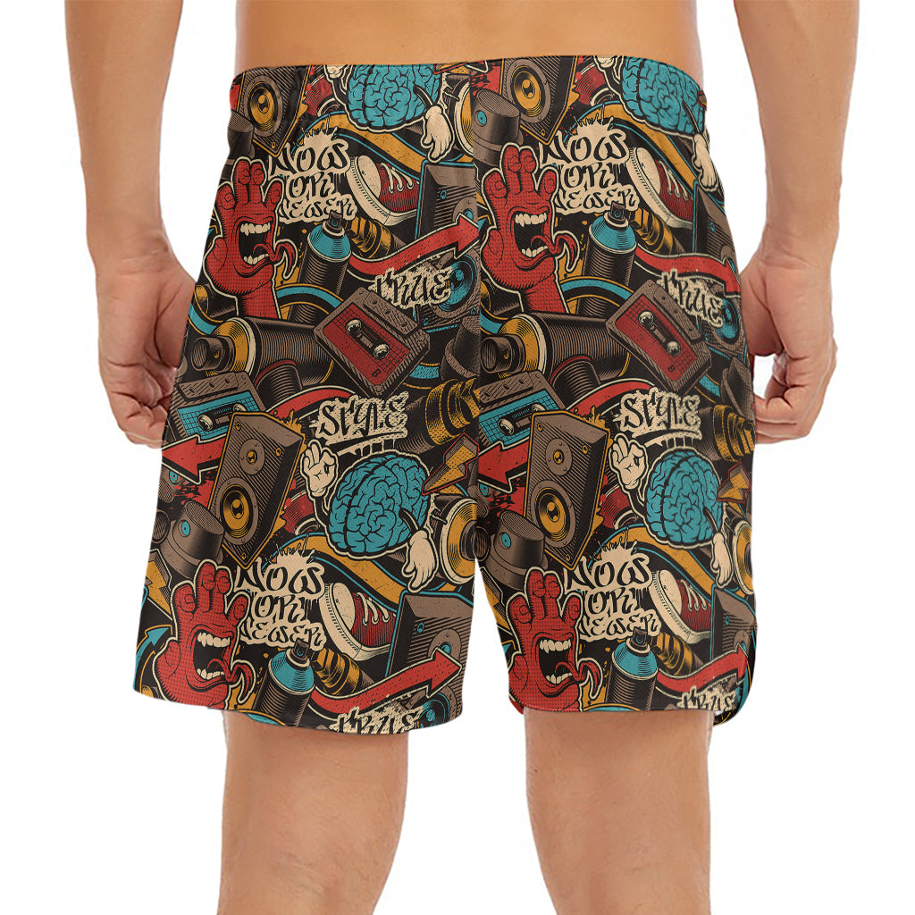 Retro Graffiti Pattern Print Men's Split Running Shorts