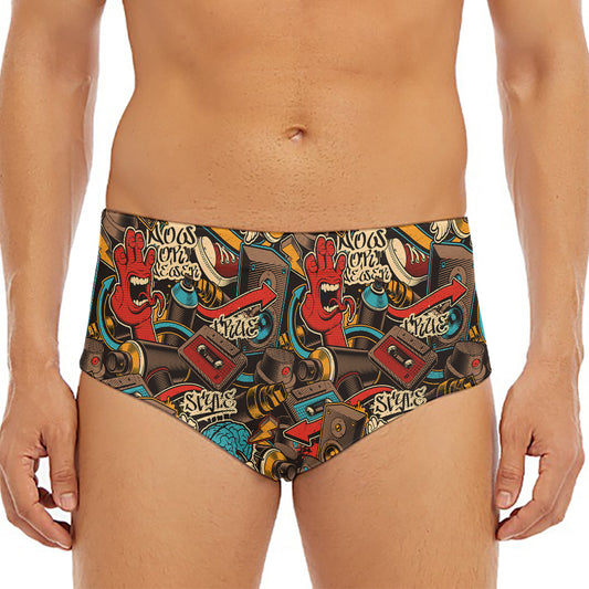 Retro Graffiti Pattern Print Men's Triangle Swim Briefs