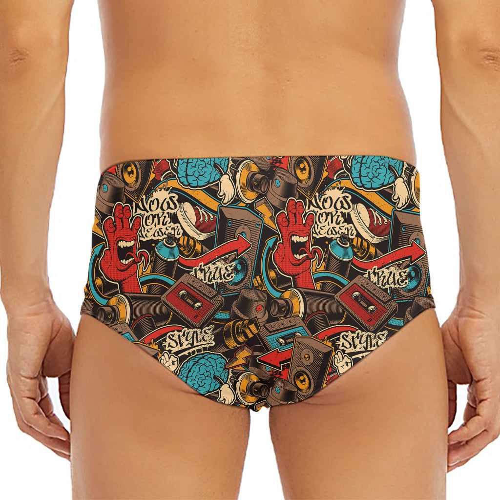 Retro Graffiti Pattern Print Men's Triangle Swim Briefs