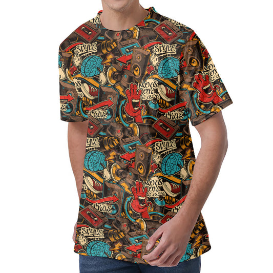 Retro Graffiti Pattern Print Men's Velvet T-Shirt