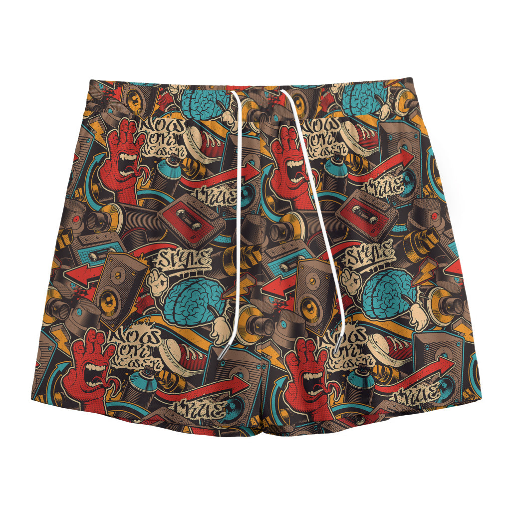Retro Graffiti Pattern Print Mesh Shorts
