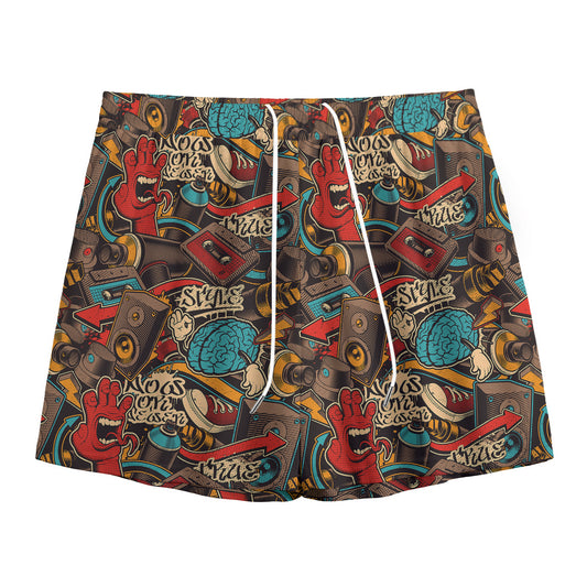 Retro Graffiti Pattern Print Mesh Shorts