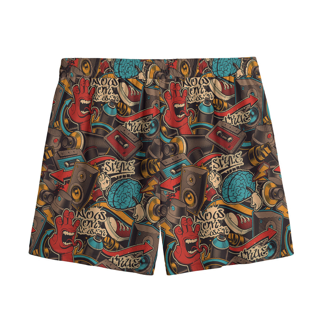 Retro Graffiti Pattern Print Mesh Shorts