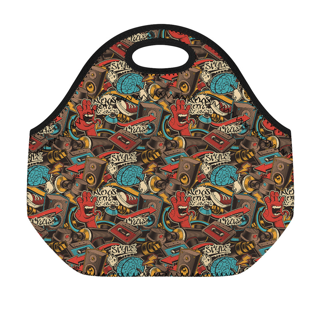 Retro Graffiti Pattern Print Neoprene Lunch Bag