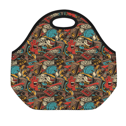 Retro Graffiti Pattern Print Neoprene Lunch Bag