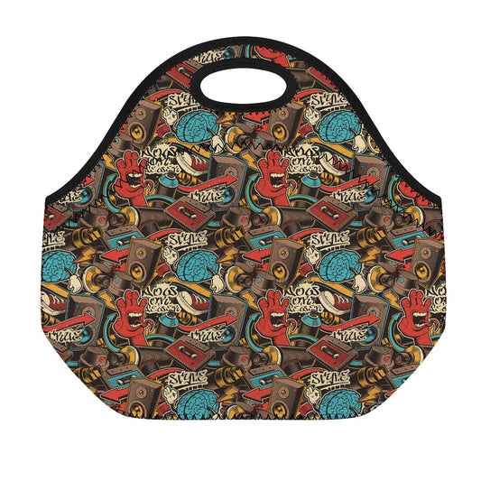 Retro Graffiti Pattern Print Neoprene Lunch Bag