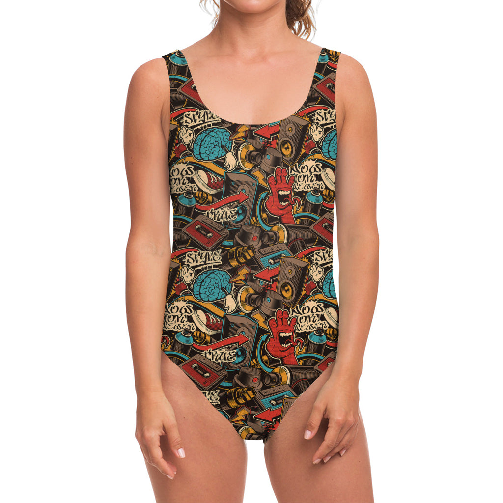 Retro Graffiti Pattern Print One Piece Swimsuit