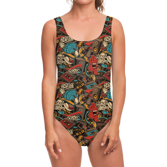 Retro Graffiti Pattern Print One Piece Swimsuit