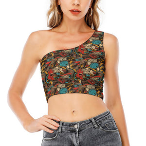 Retro Graffiti Pattern Print One Shoulder Crop Top