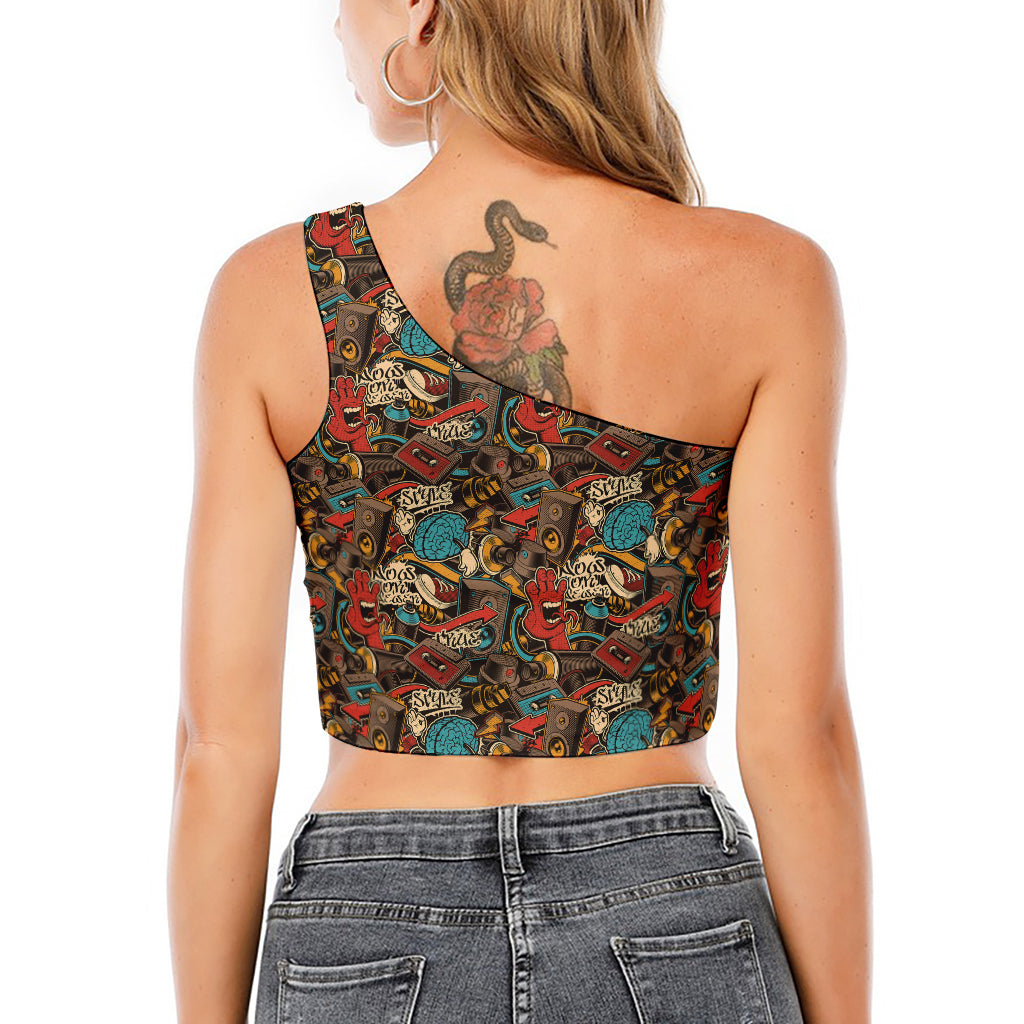 Retro Graffiti Pattern Print One Shoulder Crop Top