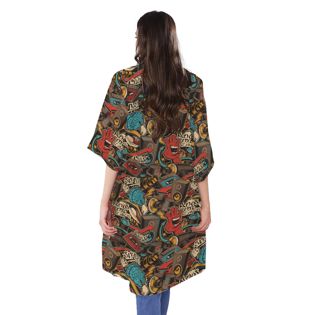 Retro Graffiti Pattern Print Open Front Beach Cover Up