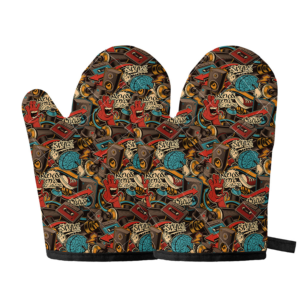 Retro Graffiti Pattern Print Oven Mitts