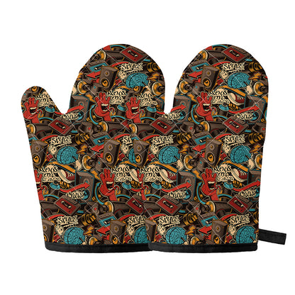 Retro Graffiti Pattern Print Oven Mitts