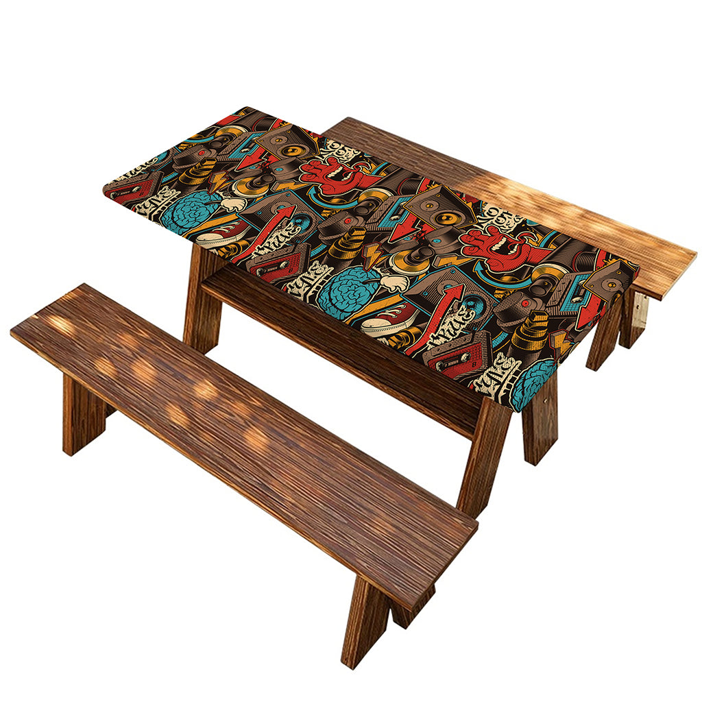 Retro Graffiti Pattern Print Picnic Table Cover
