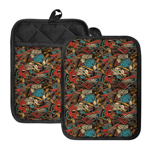 Retro Graffiti Pattern Print Pot Holders With Pocket
