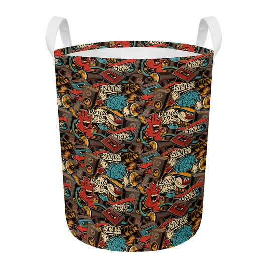 Retro Graffiti Pattern Print Round Laundry Basket