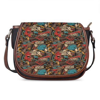 Retro Graffiti Pattern Print Saddle Bag