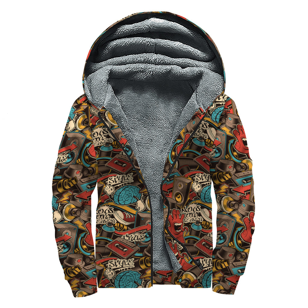 Retro Graffiti Pattern Print Sherpa Lined Zip Up Hoodie