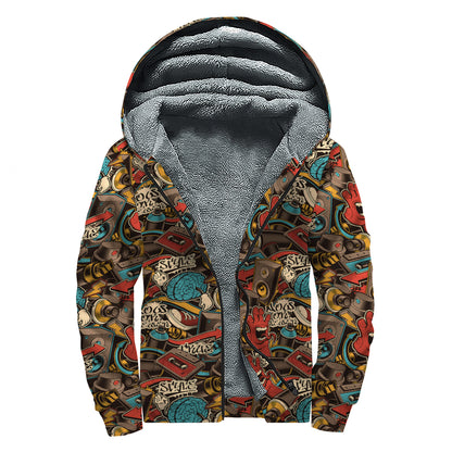 Retro Graffiti Pattern Print Sherpa Lined Zip Up Hoodie