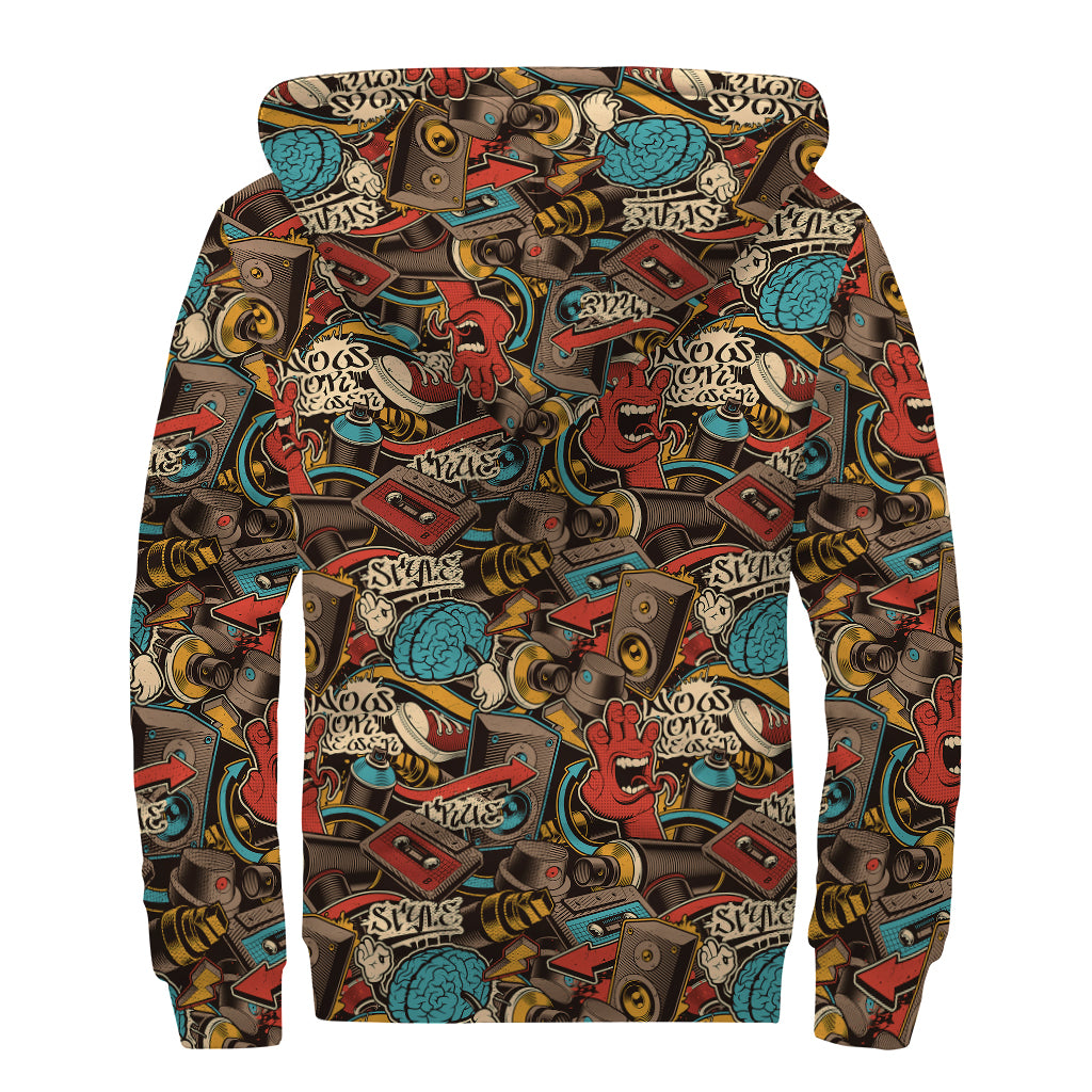 Retro Graffiti Pattern Print Sherpa Lined Zip Up Hoodie