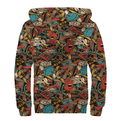 Retro Graffiti Pattern Print Sherpa Lined Zip Up Hoodie