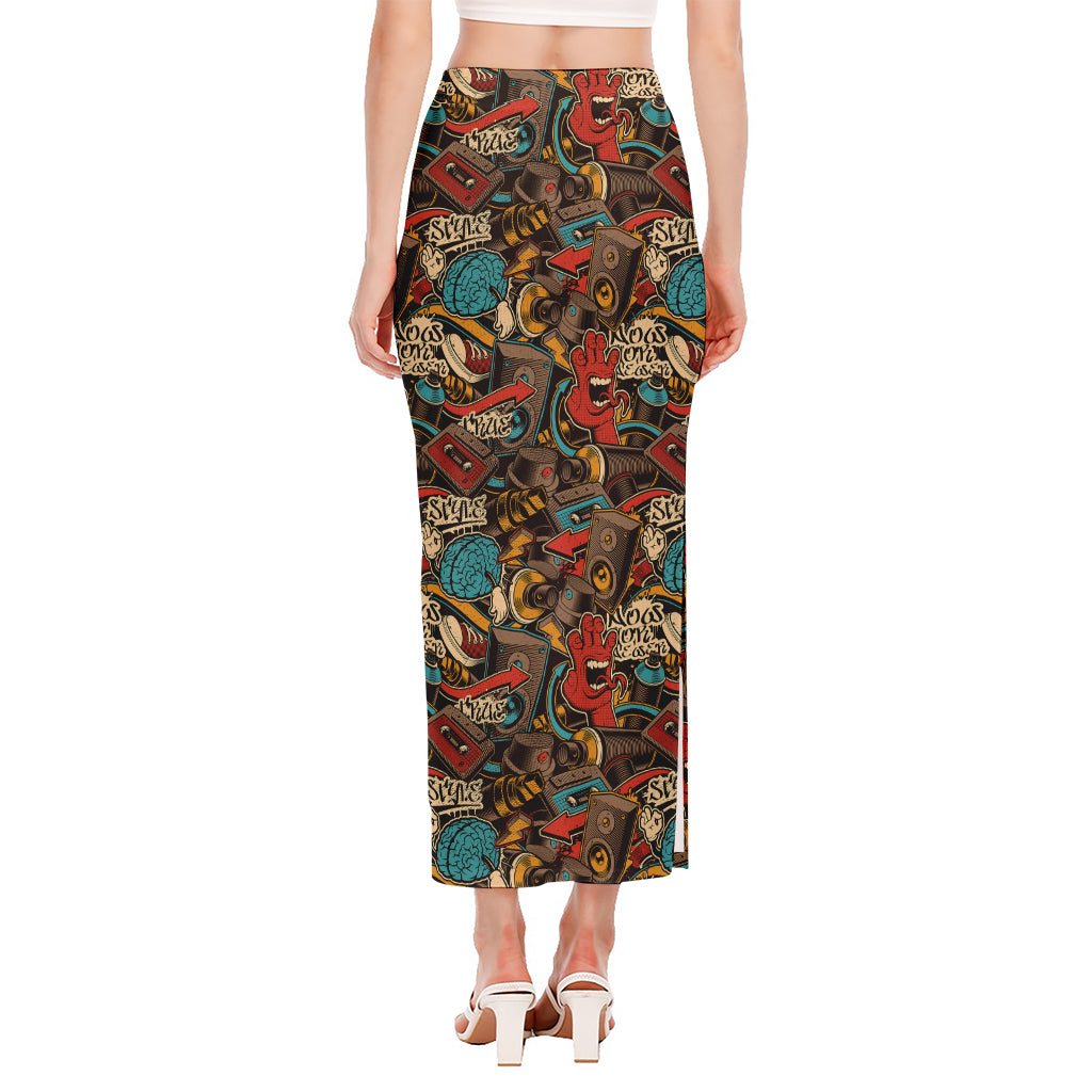 Retro Graffiti Pattern Print Side Slit Maxi Skirt