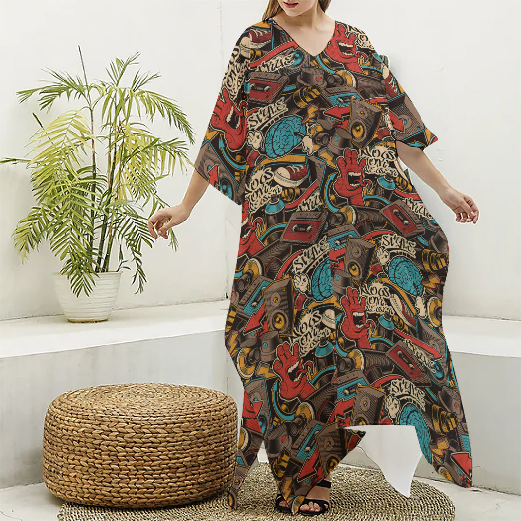 Retro Graffiti Pattern Print Silk V-Neck Kaftan Dress