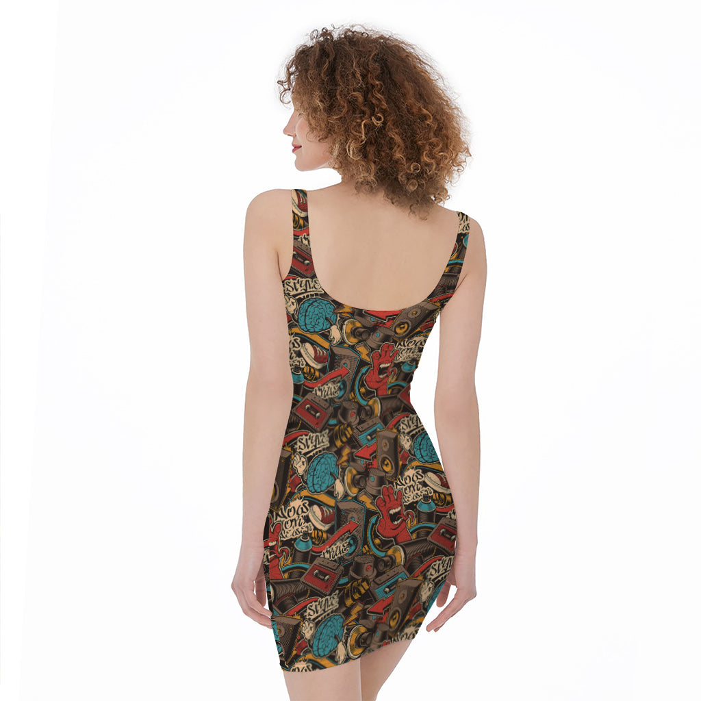 Retro Graffiti Pattern Print Sleeveless Bodycon Dress