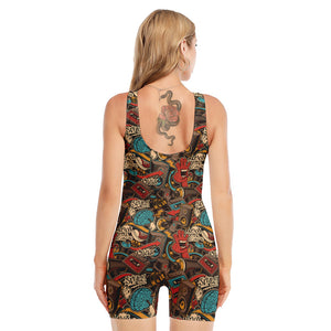 Retro Graffiti Pattern Print Sleeveless One Piece Swimsuit