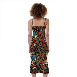 Retro Graffiti Pattern Print Slim Fit Midi Cami Dress