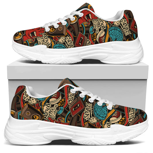 Retro Graffiti Pattern Print White Chunky Shoes