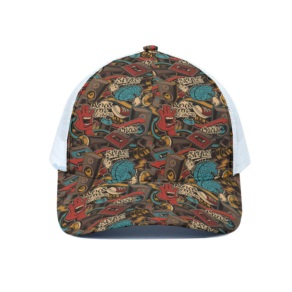 Retro Graffiti Pattern Print White Mesh Trucker Cap