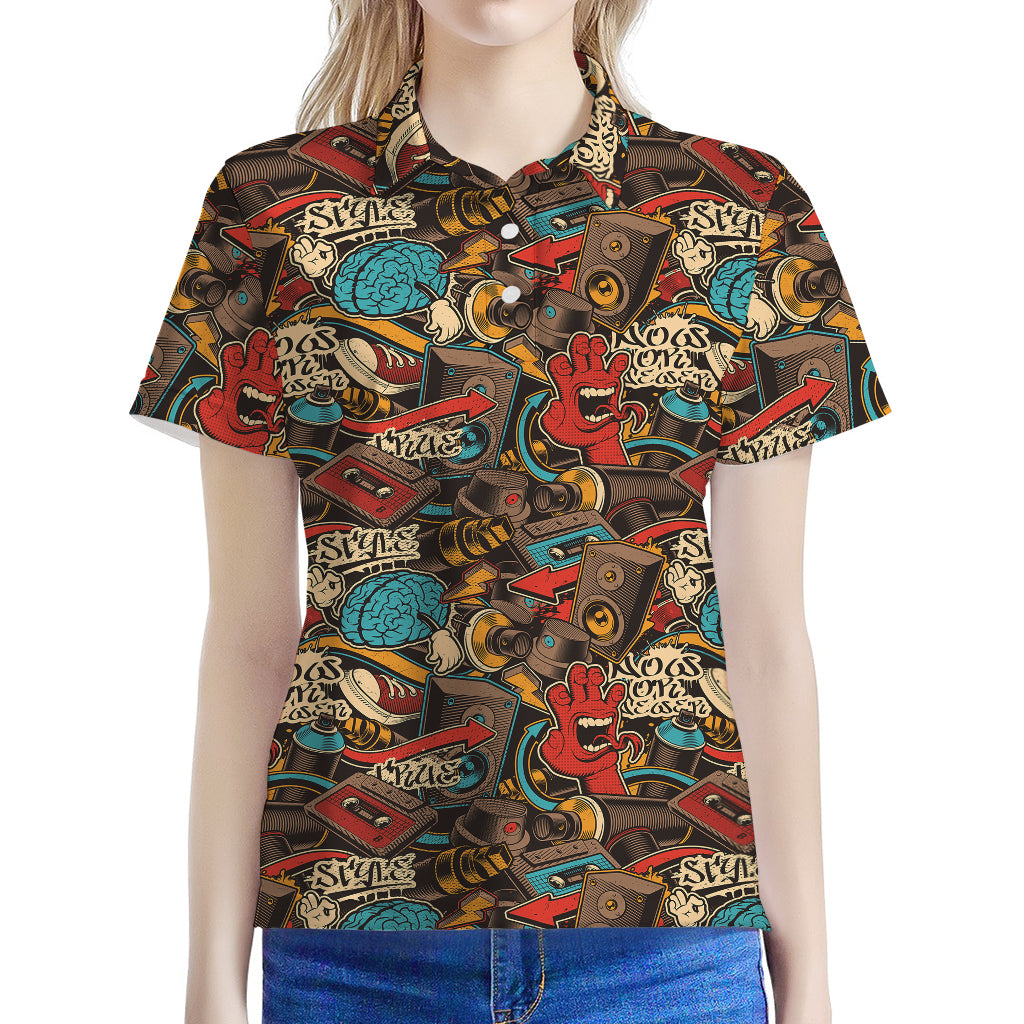 Retro Graffiti Pattern Print Women's Polo Shirt