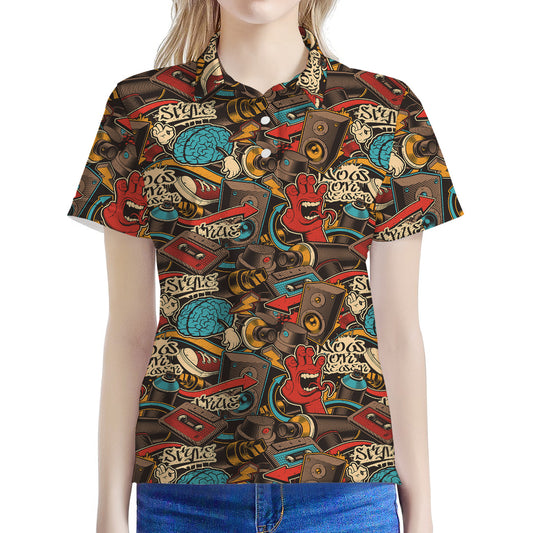 Retro Graffiti Pattern Print Women's Polo Shirt
