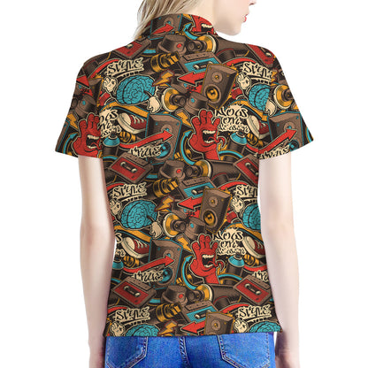Retro Graffiti Pattern Print Women's Polo Shirt