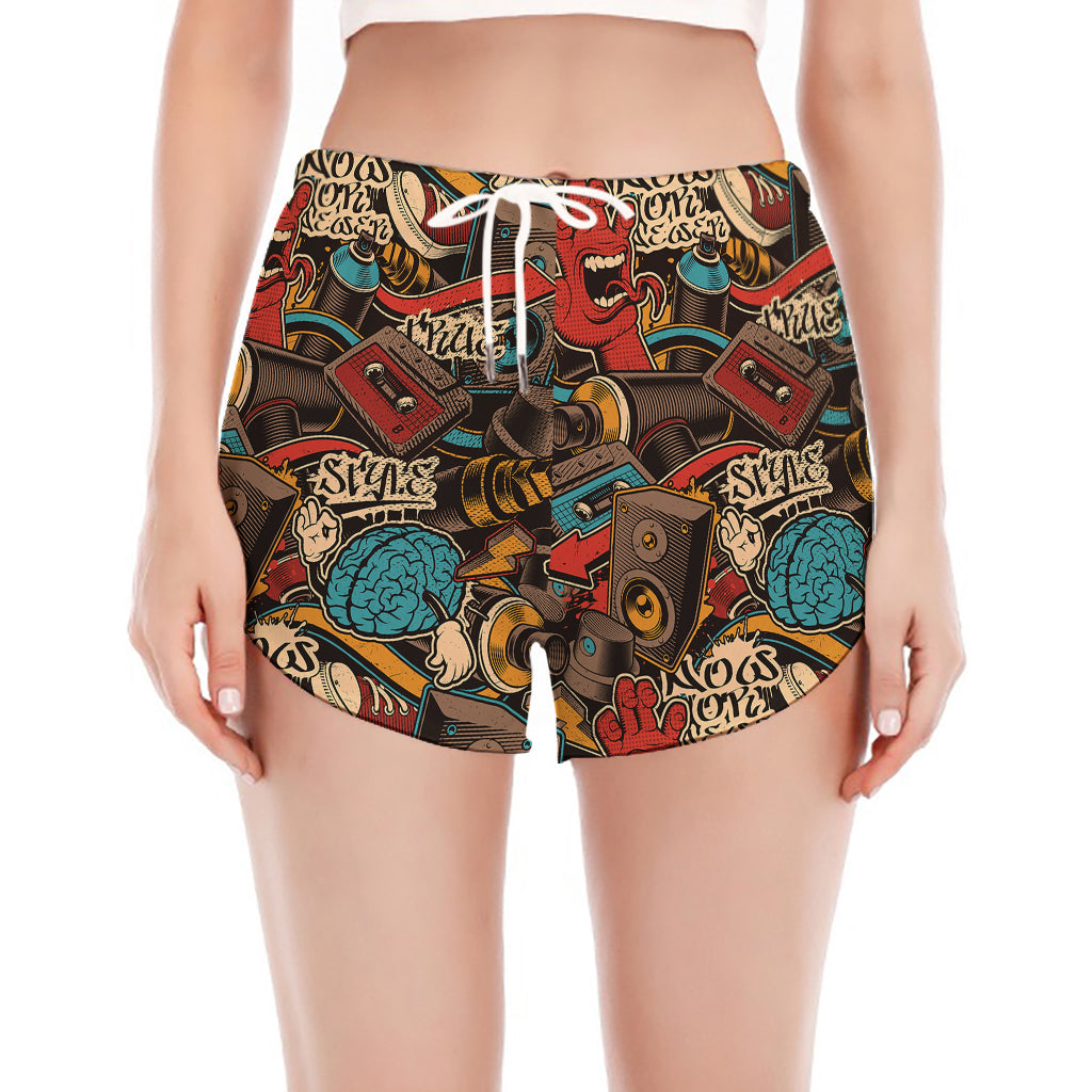 Retro Graffiti Pattern Print Women's Split Running Shorts