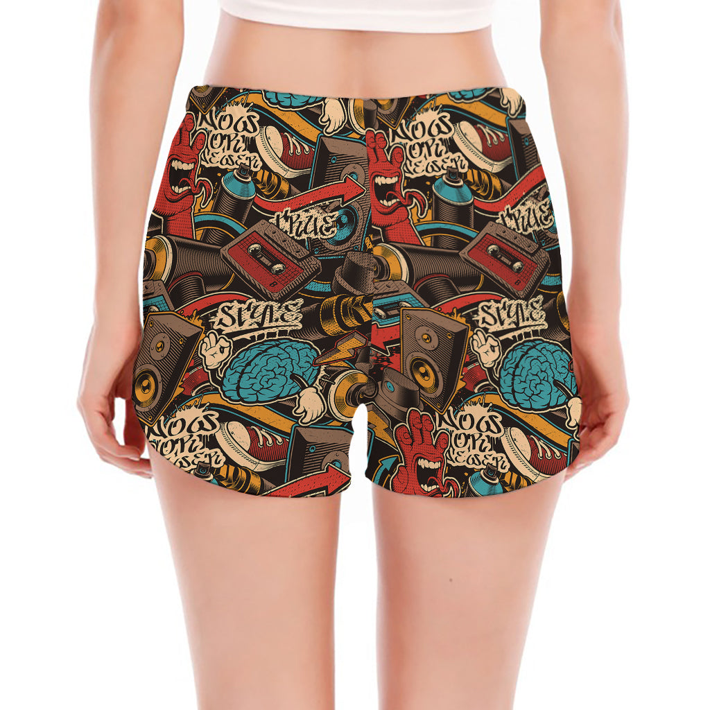 Retro Graffiti Pattern Print Women's Split Running Shorts